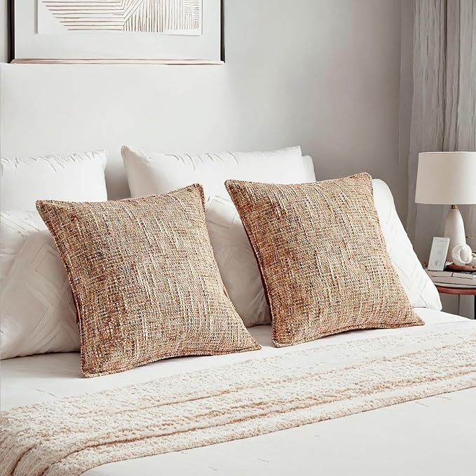 HAUSSY Pack of 2 Chenille Tweed Throw Pillow Covers 18x18 Inch, Rust