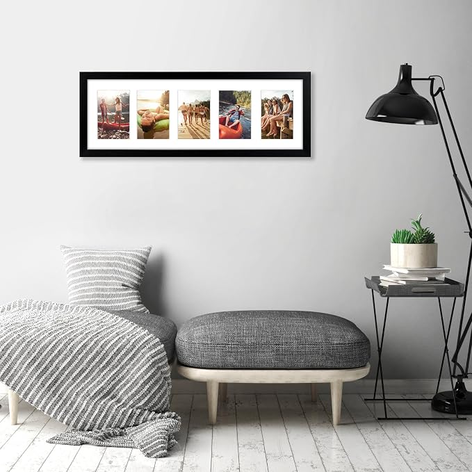 Americanflat 4x6 Collage Picture Frame with Shatter-Resistant Glass - Fits Five 4x6 Photos or Use as One 8x24 Picture Frame - Signature Collection - Collage Frames for Wall Display - Black