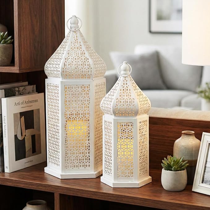 VELA LANTERNS Large Temple Tower Moroccan Lantern Lamp Decorative Candle Holders for Ramadan Decorations, Hanging, Outdoor Patio or Porch, Indoor Home Decor, Weddings, White, Set of 2