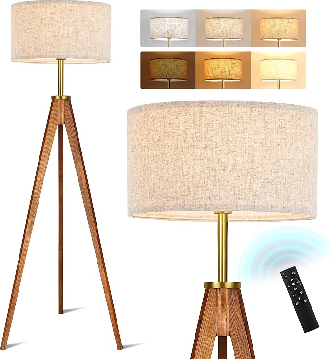 ELYONA Floor Lamp for Living Room, Solid Ash Wood Tripod Floor Lamp with Remote Control, Stepless Dimmable Standing Lamp for Bedroom, Office, Tall Lamp with Linen Shade, Mid Century Modern & Farmhouse