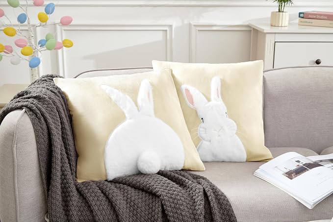 Pack of 2 Spring Easter Pillow Covers 18x18 Inch,3D Embroidered Bunny Rabbit Pillowcase Throw Covers Velvet Easter Decorative Cushion Cover (Beige-2PCS)