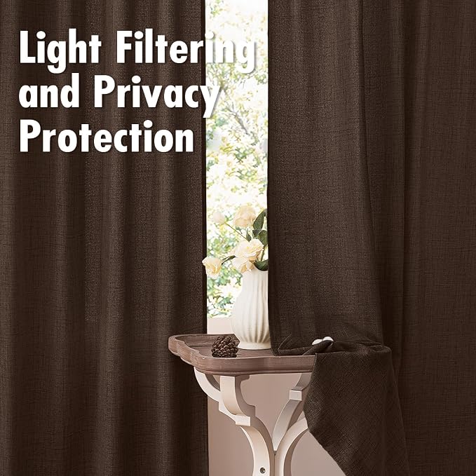 MIULEE Faux Linen Curtains 72 Inch Length 2 Panels Natural Semi Sheer Curtain with Back Tab Rod Pocket, Light Filtering Window Privacy Burlap Drapes for Living Room Bedroom 42W x 72L Dark Brown