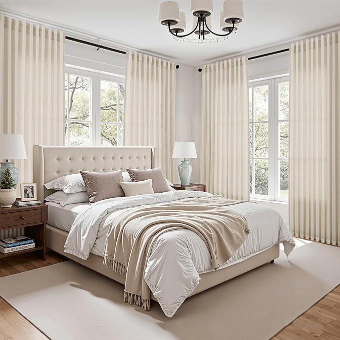 Birch Beige Linen Curtains for Living Room 98 Inches Long Light Filtering Semi Sheer Curtain Back Tab Modern Farmhouse Decor Elegant Luxury Coastal Drapes for Bedroom Dinner Room 52x98, 2 Panels