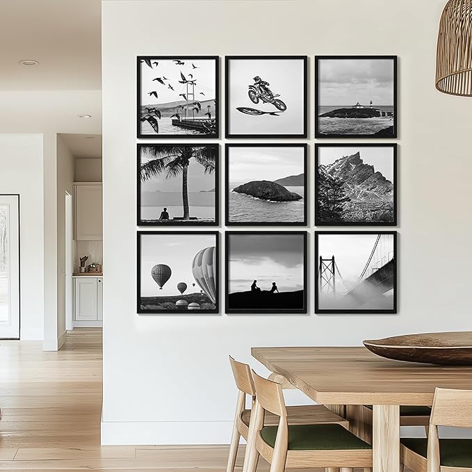 eletecpro Picture Frames Set of 9, 16x16 in, Acrylic Cover, Black | Display 4x4 with Mat or 16x16 without, Square Gallery Collage, Wall Mount, Minimalist Home Decor, Engineered Wood