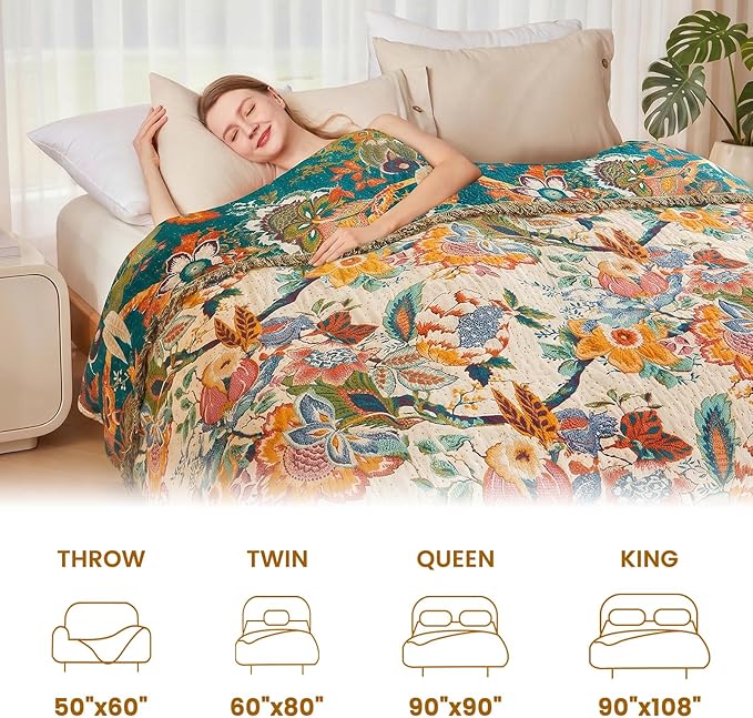 MSGKV Boho Throw Blanket 60"x80" Cotton Vine Twin Blanket for Couch Bed | Twin Cotton Throw, Muslin Blanket, Summer Breathable, Lightweight Comfort, Farmhouse Decor, Home Decorative, Machine Washable