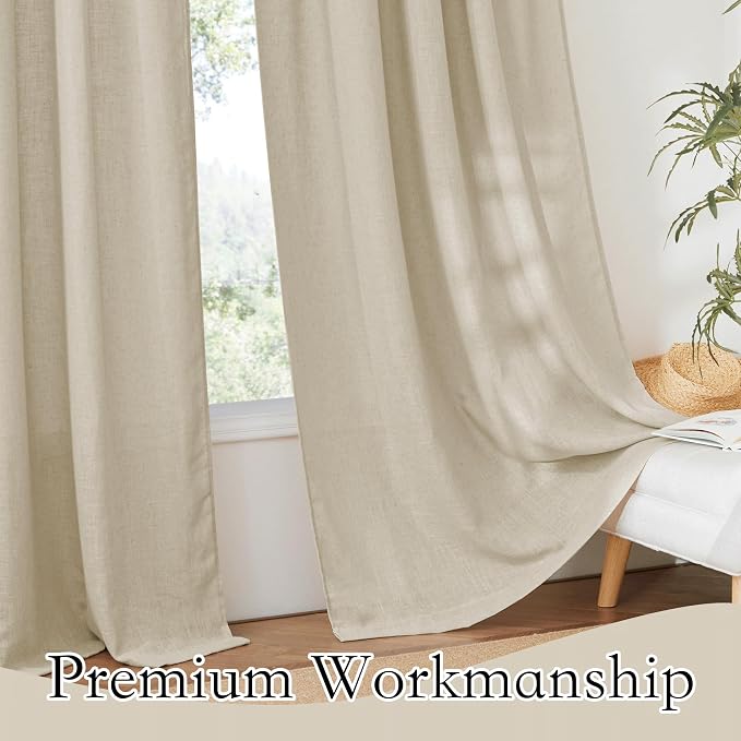 RYB HOME Semi Sheer Curtains 72 inches Long for Bedroom | Linen Textured Sheer, Light Filtering, Privacy Semi transparent, Rod Pocket Drapes, Beige, W52 x L72, 2 Pcs