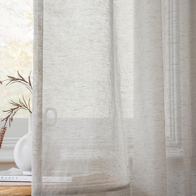 FMFUNCTEX Grey Linen Sheer Curtains, 84 Inches, 2 Panels for Bedroom | Semi Sheer Window Drapes, Flax Linen, Rod Pocket, Light Filtering, Farmhouse French, Kitchen, Privacy, for Living Room