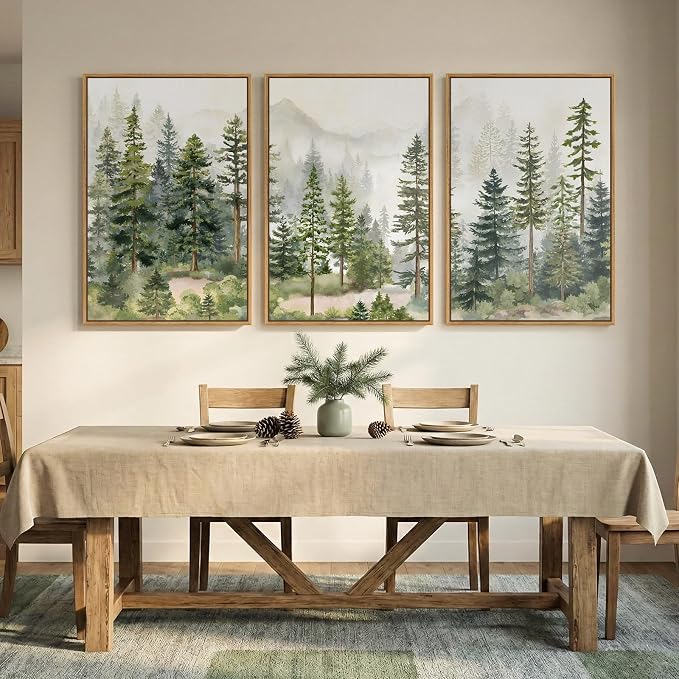 Large Framed Green Forest Landscape Wall Art for Living Room, 24x36 Inch | 3 piece, Nature, Pine tree, Woodland, Foggy mountain, Scenic, Pine tree print, Modern, Minimalist, Bedroom decor, Home office