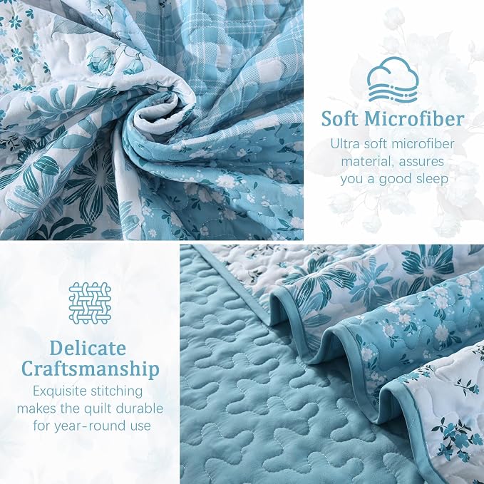 Mybedsoul Blue Patchwork Queen Size Quilt, Reversible Bedding Set | Soft Lightweight Microfiber Floral Coverlet Set, 3 Pieces Plaid Bedspread, Bed Sets for All Seasons 96"x90"
