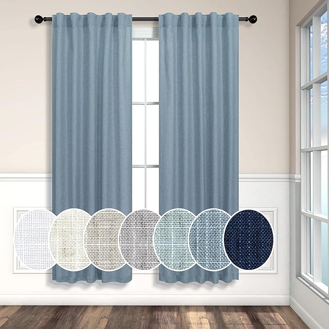 Blue Curtains 38 Inch Width for Kitchen Door 2 Panels Back Tab Rod Pocket Semi Sheer Linen Skinny Light Blue Small Curtain for Bedroom Laundry Bathroom Side Windows Country Farmhouse Wide 38x63 Length