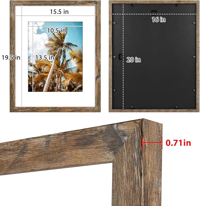 2 Pack 16x20 Rustic Brown Picture Frame with Real Glass Mat for 11x14