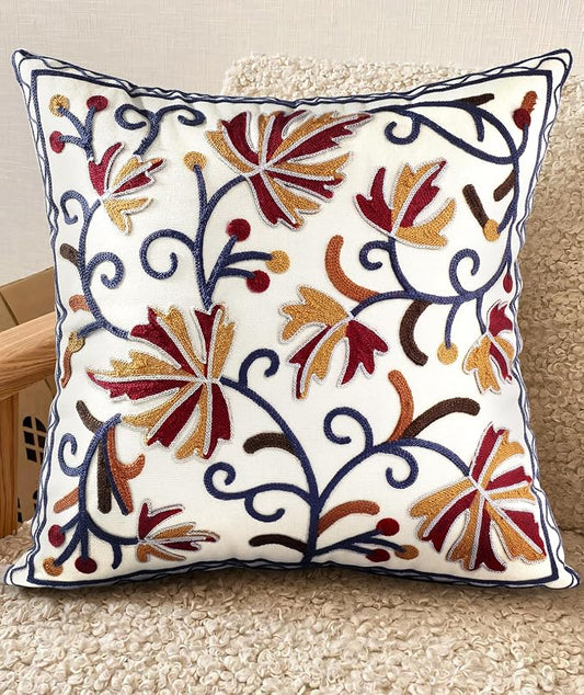 Embroidered Throw Pillow Cover - 18x18 Decorative Pillow Cover with Zipper Aesthetic Cute Design Boho Spring Summer Throw Pillowcase for Living Room Couch Sofa Bed, Fall Flower