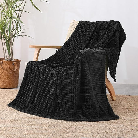 Puncuntex Fleece Throw Blanket Black 60"×80" with Square Grid Design | Super Soft Plush Cozy Flannel Throw Blanket Luxury for Couch Sofa Chair