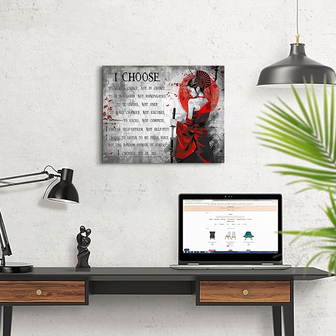 Motivational Japanese Samurai Wall Art Samurai Women Red Moon Canvas Wall Decor Inspirational Quotes I Choose Pictures Print Paintings Framed Artwork Home Decor For Office Living Room Gym 20x24 Inch