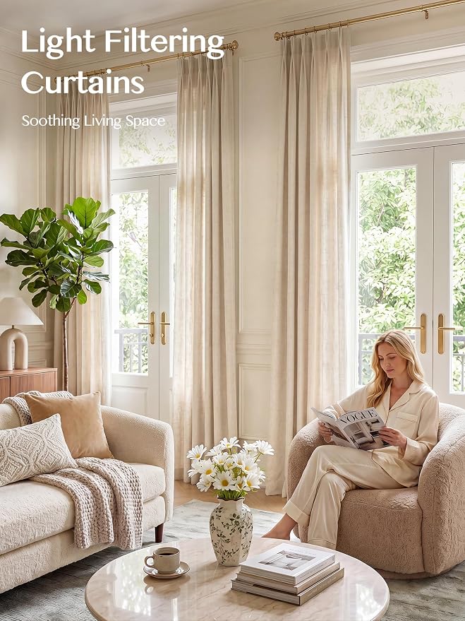 Liz Pinch Pleated Linen Curtains 72 Inches Long - Light Filtering Curtains for Living Room, Semi Sheer Window Curtains for Bedroom, Luxury Pinch Pleated Drapes with Hooks, Natural, 2 Panels Set