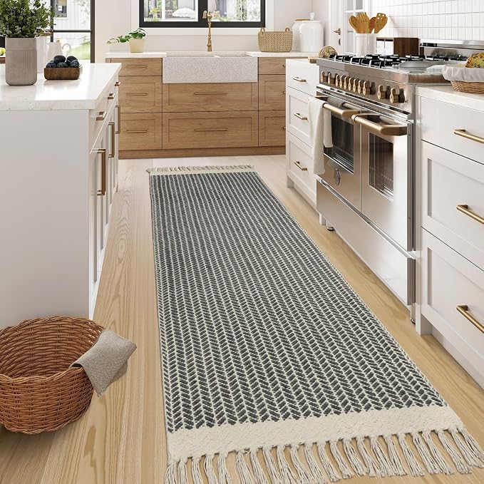Lahome Boho Bathroom Runner Rug, 2x7 Washable Rugs for Hallway Kitchen | Woven Cotton Grey Bath Mats with Tassels, Farmhouse Decor Non Shedding Lightweight Carpet for Bedroom Laundry Room Entryway
