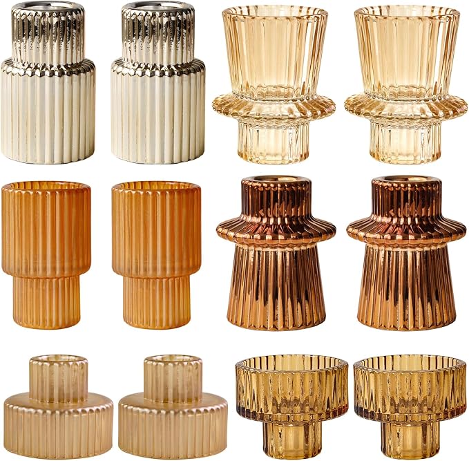 Gold Candlestick Holders 12PCS Ribbed Glass Taper Candle Holders Set for Tealight Candlestick Candles, Table Centerpieces for Thanksgiving Christmas Farmhouse Decor Indoor and Outdoor