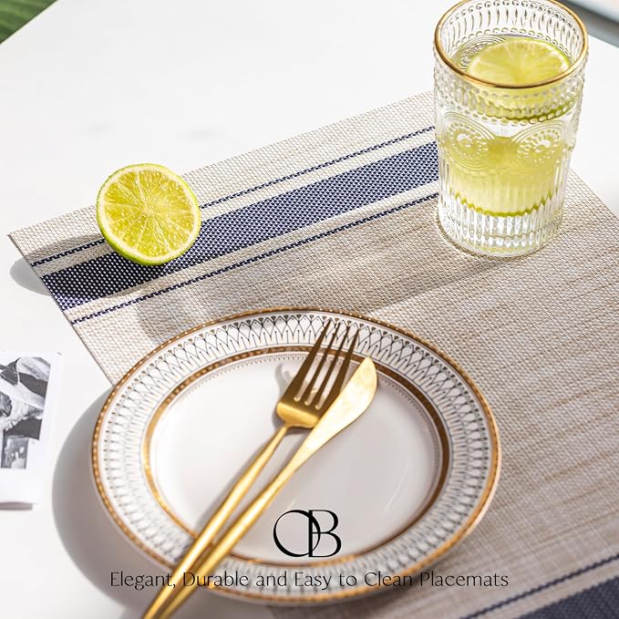 Placemats Set of 6 - Easy Clean Woven Vinyl Placemats for Dining Table, Indoor/Outdoor Place Mats, Washable PVC Table Mats（Blue Skyline）