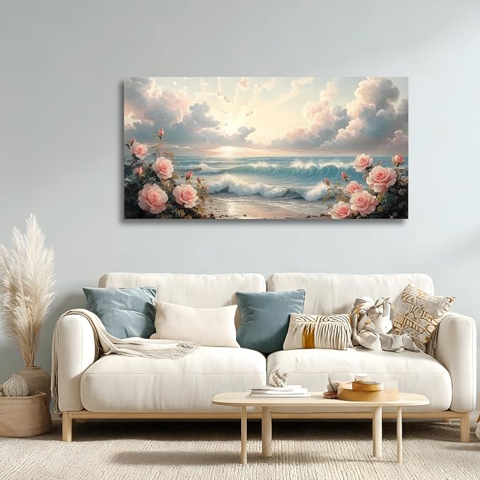 Haichuang Decor Art 40x20 Inch Pink Rose Ocean Canvas Wall Art, Sunset Beach Flower Seascape Print, Framed Ready to Hang for Living Room Bedroom Bathroom, Coastal Floral Wall Decor
