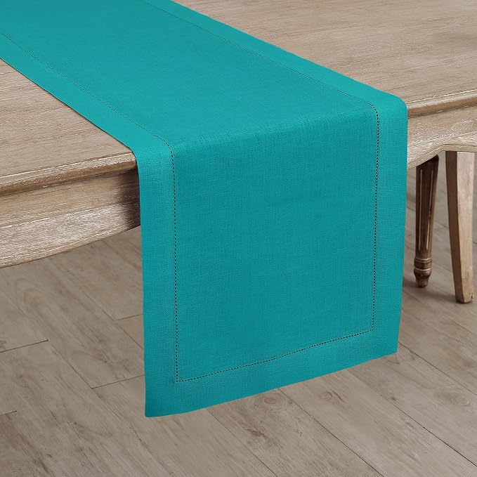 Solino Home 100% Pure Linen Dining Table Runner Teal Hemstitch, 14 x 108 in | Classic Hemstitch, dresses up dining tables for everyday meals, hemstitched border, mitered corners, soft, OEKO-TEX Certified