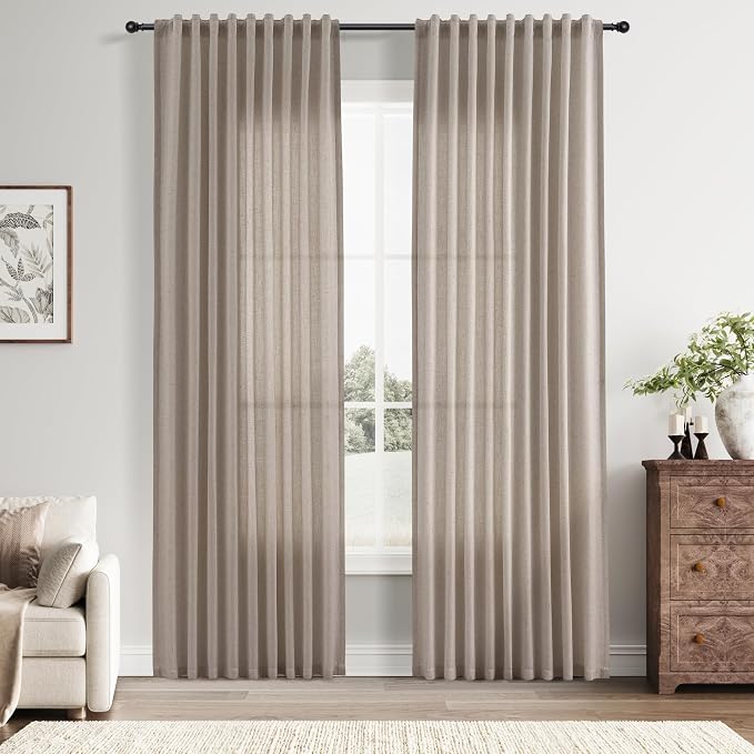 Linen Curtains 84 Inches Long for Living Room Semi Sheer Light Filtering Curtain Back Tab Rod Pocket Neutral Boho Modern Farmhouse Decor Window Drapes for Bedroom 52x84 2 Panels Ecru