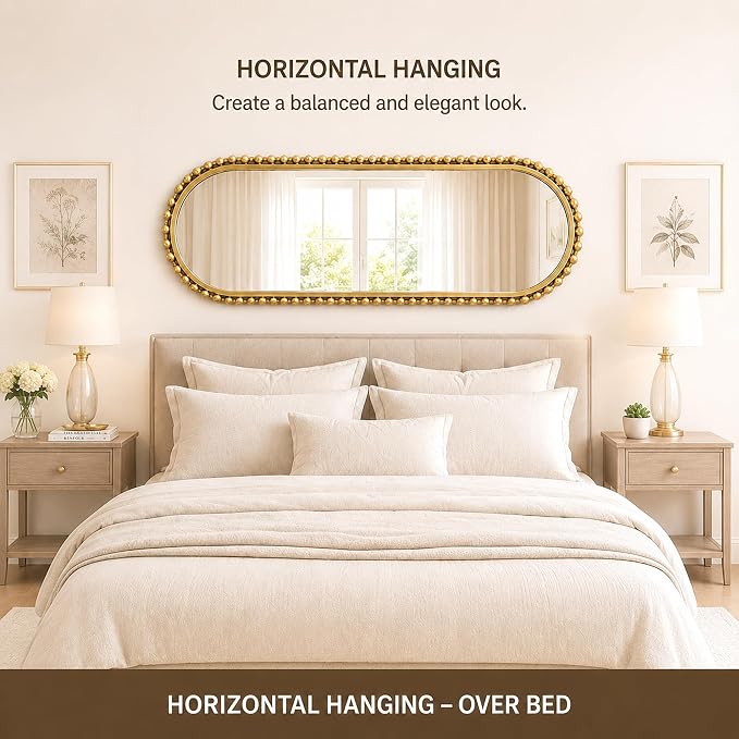 20"x53" Oval Full Length Wall Mirror, Unique Bold Beaded Frame | Antique gold long oval mirror, vertical or horizontal hanging for dressing room, bathroom, entryway, bedroom, living room