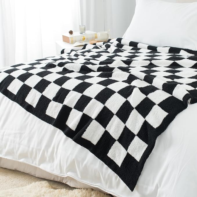 Carriediosa Checkered Throw Blanket 90x90, 400GSM Ultra Soft Microfiber | Black, Queen, Fuzzy Fluffy Cozy Plush Knitted Plaid Checker, Lightweight Cute Preppy Fall Blankets & Throws for Couch, Bed