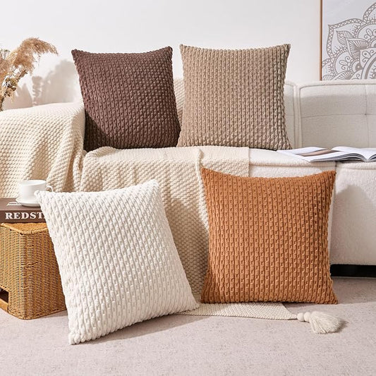 Kevin Textile Decorative Pillow Covers 18x18 Inch Set of 4 Soft Boho Corduroy Throw Pillow Cases Mix and Match Colors Plush Texture Throw Pillows for Sofa Couch Bedroom Home Decor Neutral Brown