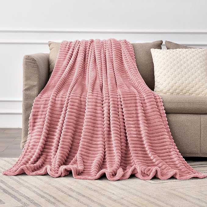 BEDELITE 3D Ribbed Jacquard Pink Full Size Blankes for Bed, 84x90 Inch | Soft Warm Decorative Fluffy Blanket, Cozy Fuzzy Lightweight Plush Fleece Throw Blankets for Bed, Room Decor, Gift for Women
