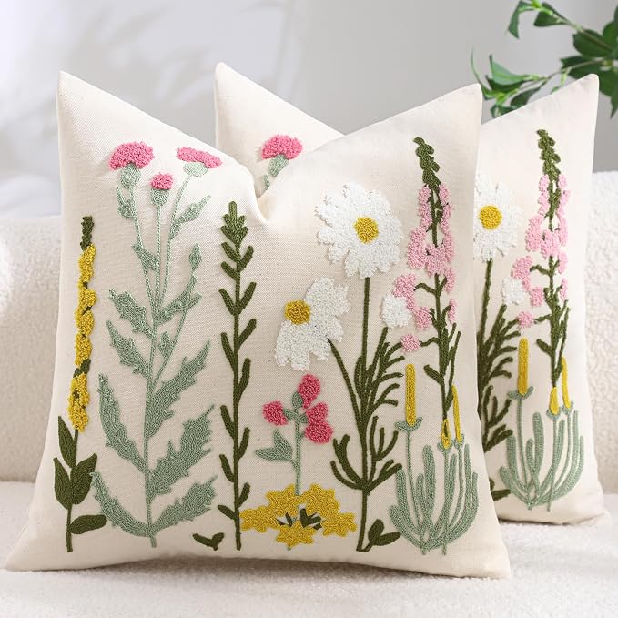 Embroidered Throw Pillow Covers 18x18 Pack of 2 Floral Decorative Pillow Covers Daisy Flowers Tufted Pillowcases Farmhouse Pillow Cushion Cases Square Pillow Case Summer Home Decor