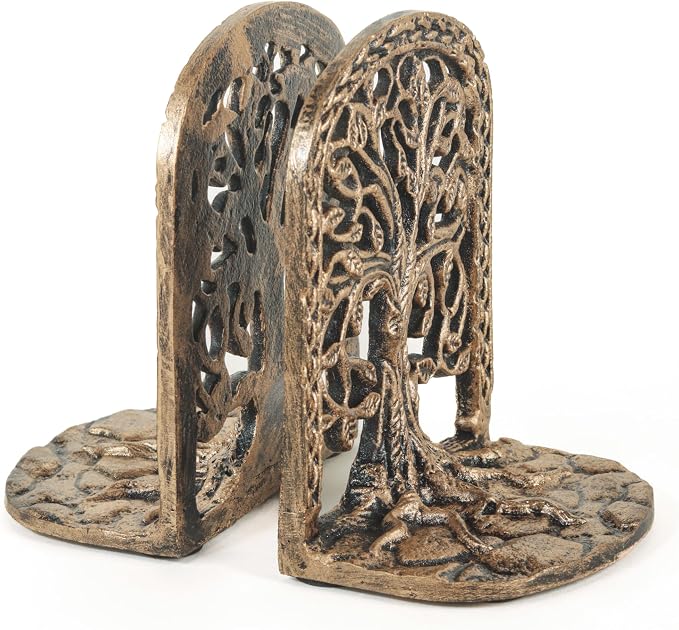 Tree of Life Bookends Set Heavy Duty Metal Book Ends for Shelves | Antique Brass Iron Decorative Bookend Pair for Home, Office, Library or Study | Elegant Vintage Style Book Holder Décor