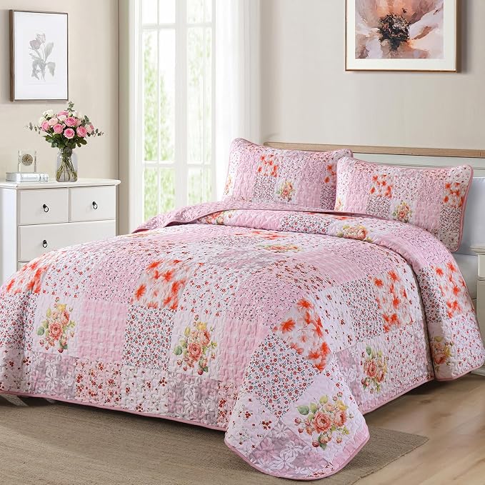 Mybedsoul Pink Quilts Queen Size, Patchwork Floral Reversible Bedding Set | Soft Lightweight Microfiber Coverlet Set, 3 Pieces Plaid Bedspread, Bed Sets for All Seasons 96"x90"