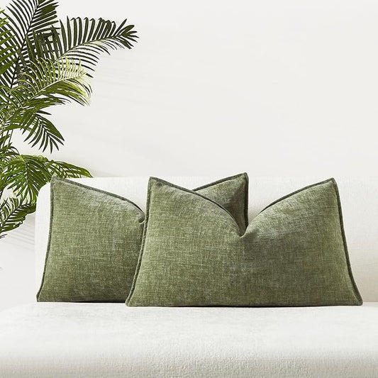 JUSPURBET Sage Chenille Lumbar Throw Pillow Covers 16x24 inch Set of 2 Decorative Soft Textured Cushion Cases for Living Room Sofa Couch Bed Solid Home Decor Broadside Pillowcases