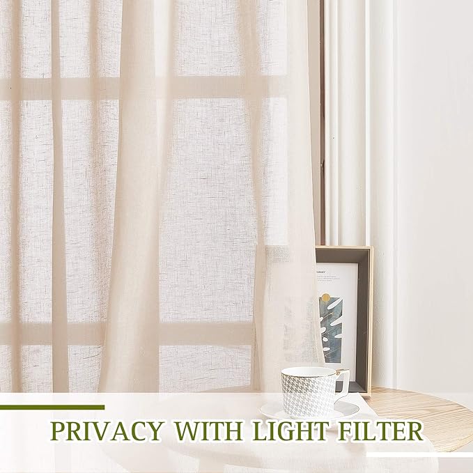 NICETOWN Beige Sliding Door Curtains Linen Sheer Textured, Grommet Semi Sheer Keep Privacy Window Drapes with Light Filtering for Living Room/Bedroom, W70 x L84, 2 Pieces