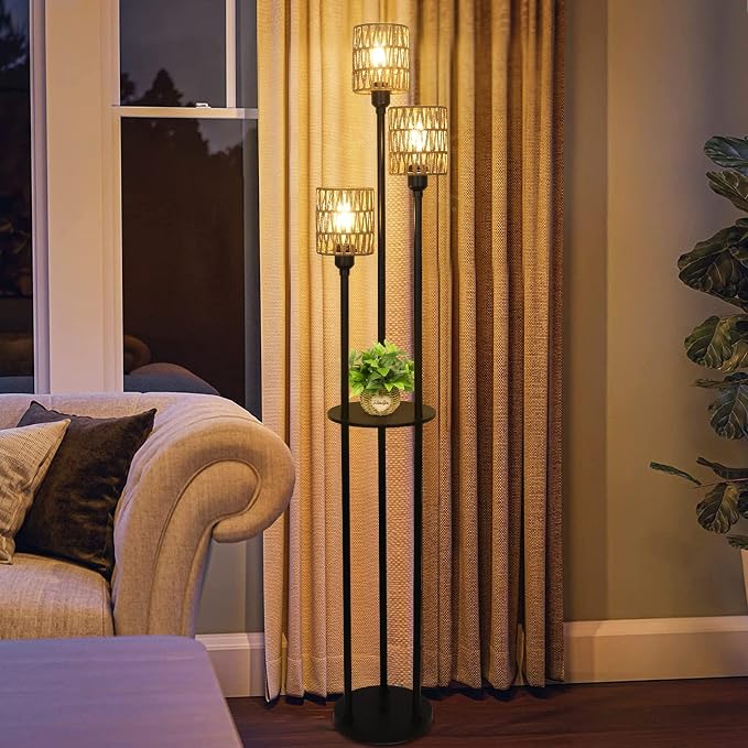 Boho Floor Lamp with Shelves, 3-Lights Farmhouse Tall Floor Lamp with ON/Off Foot Switch, Rustic Standing Lamp with Rattan Shades for Living Room Bedroom Office