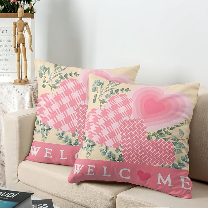 Valentine Day Pillow Covers 22x22 Set of 2 Valentines Day Pink Heart Throw Pillow Covers Pink Hearts with Eucalyptus Decoarative Pillow Case Cushion Case for Couch Sofa