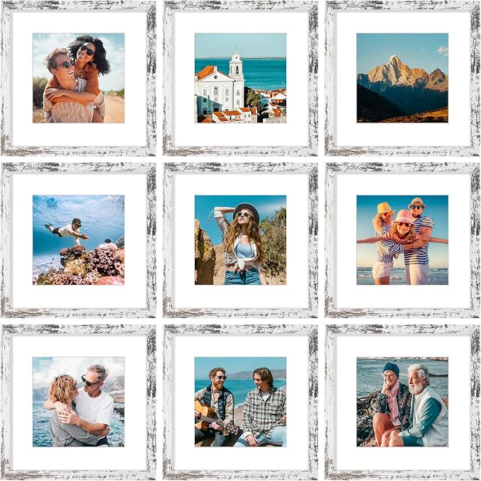 Vittanly 12x12 Picture Frames Set of 9 for Wall Mounting, Distressed White | Display Pictures 8x8 with Mat or 12x12 without Mat for Wall Mounting, Square Photo Frames for Home Decor, Engineered Wood