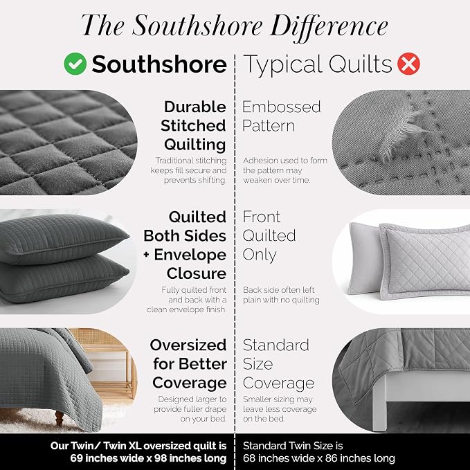 Southshore Fine Living, Inc. Twin Summer Quilts Set, Quilted Grey Bedspread Twin/XL Quilts with Matching Pillow Sham, Soft Microfiber, Lightweight Quilt Coverlet Set, Easy Care, Slate Grey