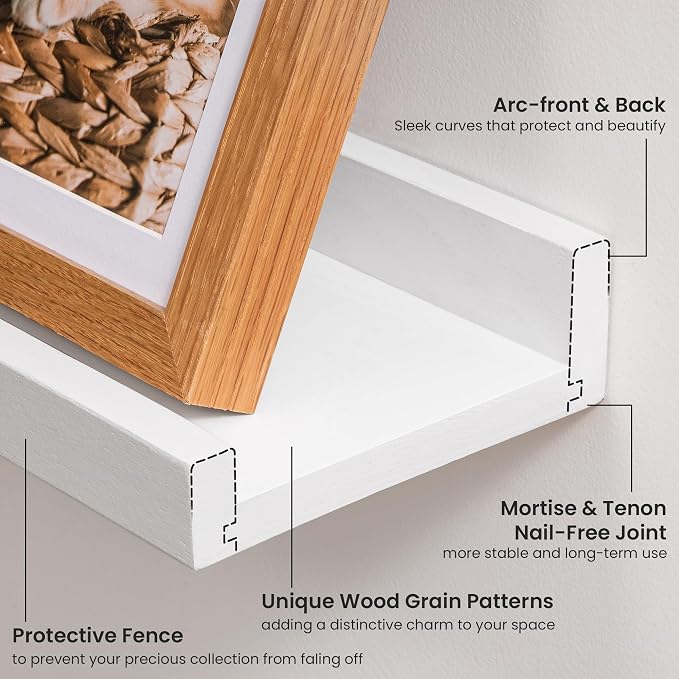 Acovy Solid Ash Wood Picture Ledge Shelf, 24 Inch, White, Set of 2