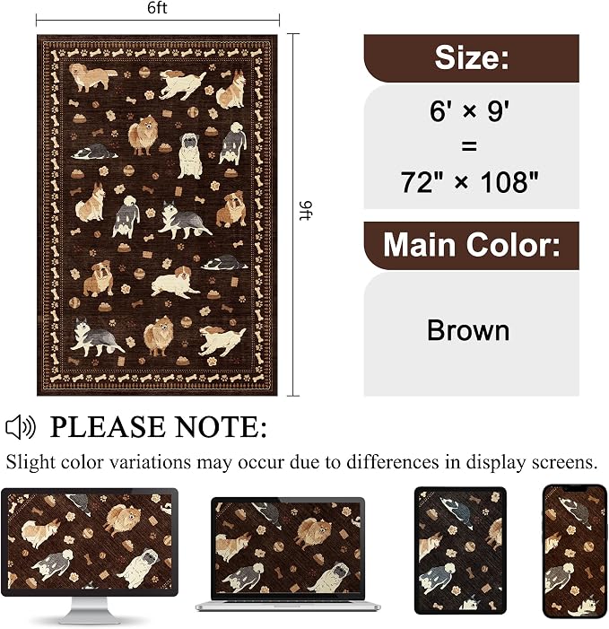 DUKINO 6x9 Washable Dog Area Rug for Living Room Non Slip, Brown | Non-Shedding, Stain Resistant, Soft Animal Carpet for Bedroom Kids Playroom Nursery Dining Room Farmhouse, Pet & Kid Friendly