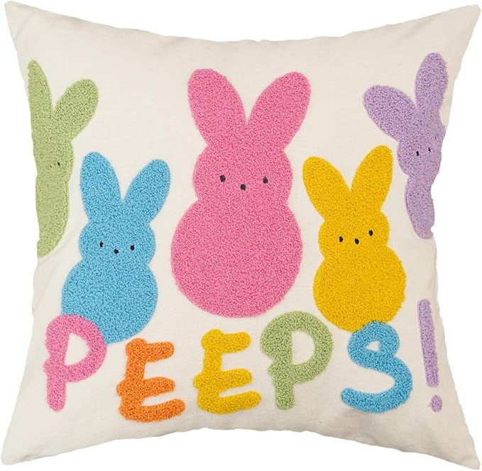 GEEORY 18x18 Inch Canvas Easter Embroidered Pastel Bunny Peeps Pillow Cover, Farmhouse Easter Decor Cushion Case for Living Room, Sofa & Bed