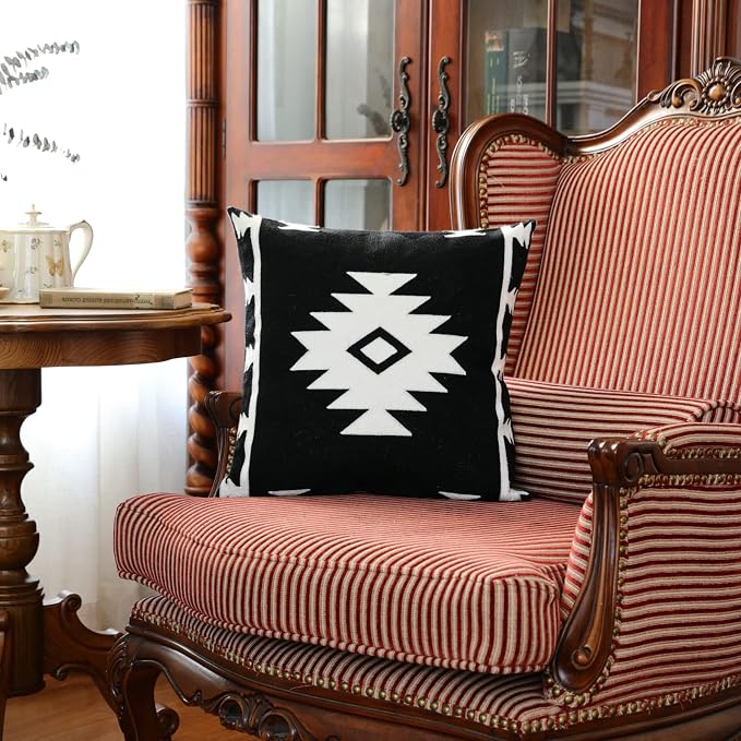 IKATYARN Black White Aztec Embroidery Throw Pillow Cover, Boho Tribal Geometric Pillowcase, Modern Farmhouse Cushion Case for Couch Sofa Bed, 18"x18"