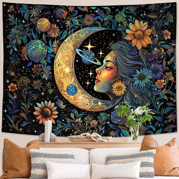 Accnicc Sun and Moon Tapestry for Bedroom Hippie Boho Floral Flower Plant Wall Tapestry Aesthetic Vintage Galaxy Celestial Star Spiritual Large Tapestries Wall Hanging for Living Room Dorm 48 x 36 Inch