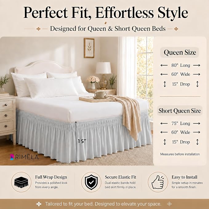 Ice Grey Bed Skirt Queen Size 15" Drop, Elastic Wrap Around Bedskirt | Solid Ruffled, Easy to Use, No Mattress Lifting, Wrinkle & Fade Resistant, with Adhesive Strips, Machine Wash/Dry/Iron
