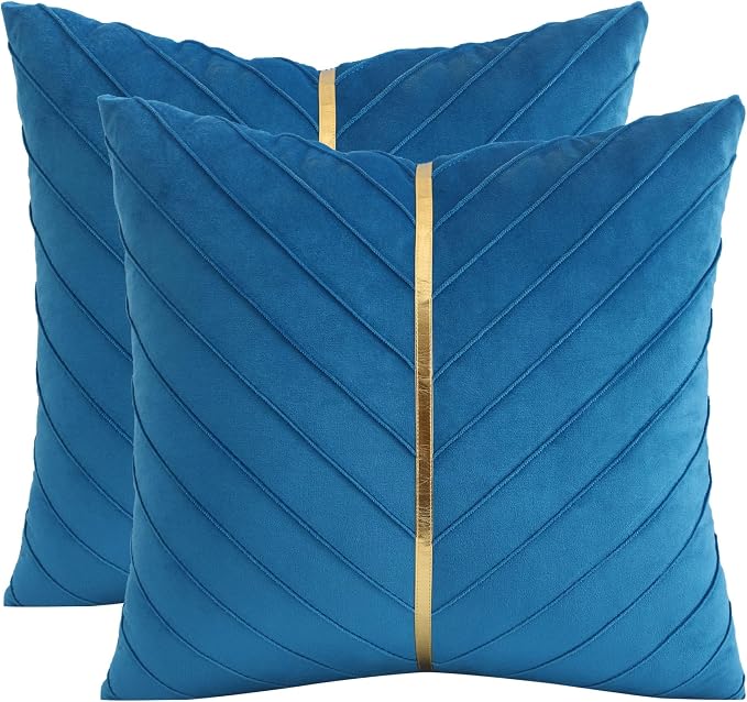 Velvet Throw Pillow Covers 22x22 Pack of 2 Gold Decor Lake Blue