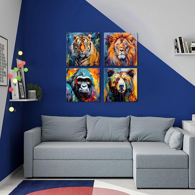 Animal Canvas Wall Art Boys Room Decor Watercolor Wildlife Portrait Picture Abstract Bear Tiger Lion Chimpanzees Painting Kids Bedroom Graffiti Banksy Artwork for Nursery Home Decoration 20x20"x4