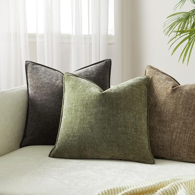 JUSPURBET 20x20 Chenille Decorative Throw Pillow Covers Set of 2,Sage | Cozy Soft Cushion Covers Case with Hidden Zipper for Couch Sofa Bed Home Decor Living Room