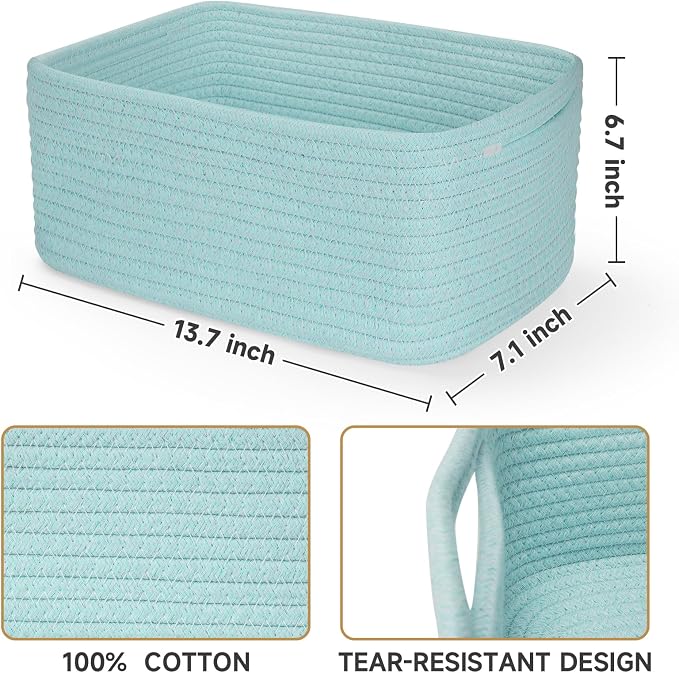 3 Pack Storage Baskets for Organizing, 13.7×9.5×6.3", Light Blue | Woven Baskets for Shelves, Cotton Rope Basket for Gifts Empty, Closet Organizer Bins with Handles, Cube Decorative Box