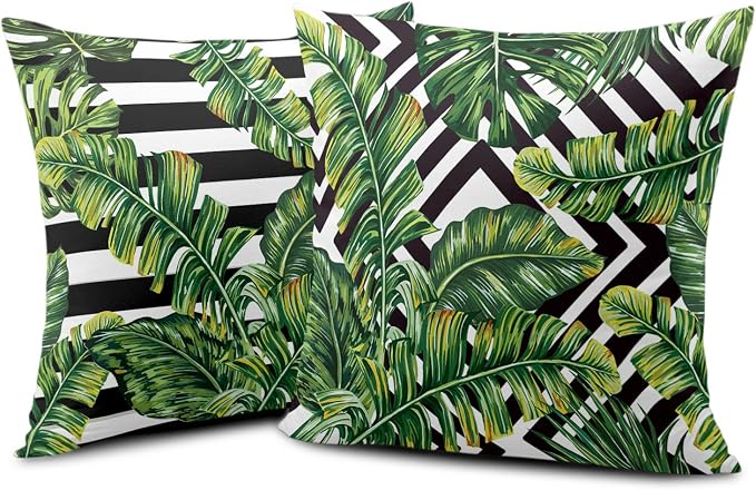 Set of 2 Tropical Green Leaves Pillow Covers Palm Tree Pillowcases Black and White with Geometric Decorative Throw Pillow Cover Kitchen Decor 22x22 Inch for Outdoors Car Couch