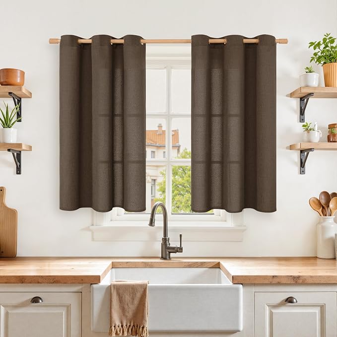 YoungsTex Brown Linen Curtains 40 Inch Length, Short Drapes Light Filtering Semi Sheer with Grommet for Kitchen Bathroom Window, 42 x 40 Inch, 2 Panels